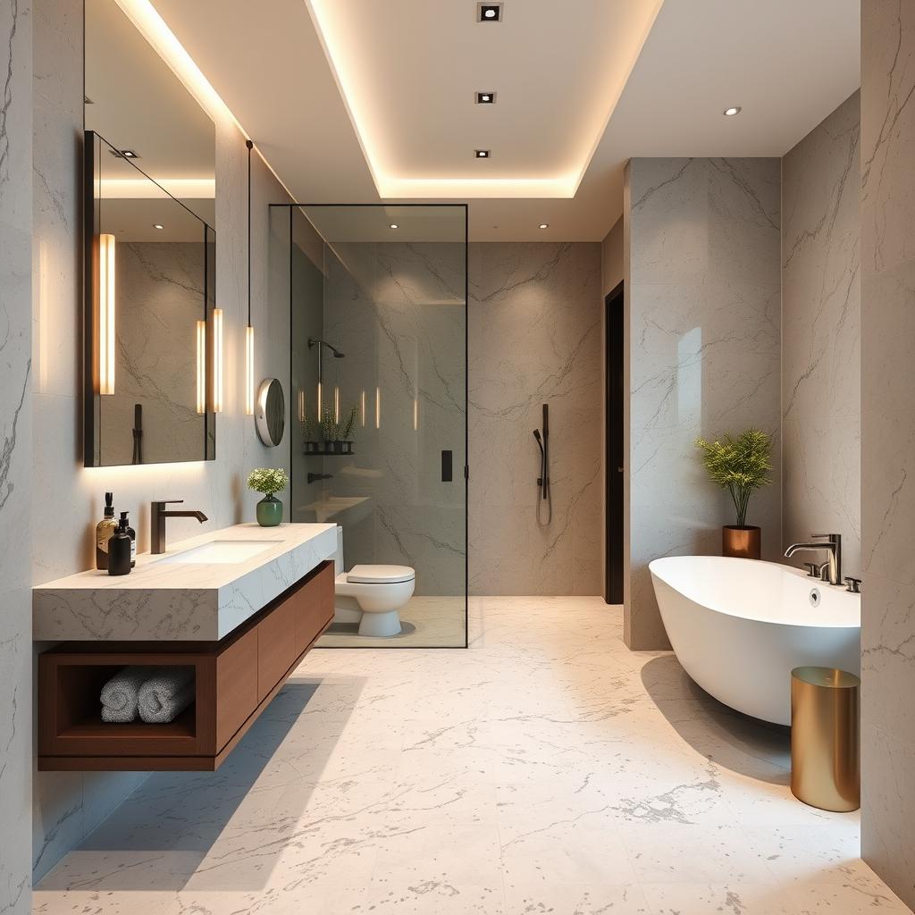 Generate an image of a modern bathroom with terrazzo flooring