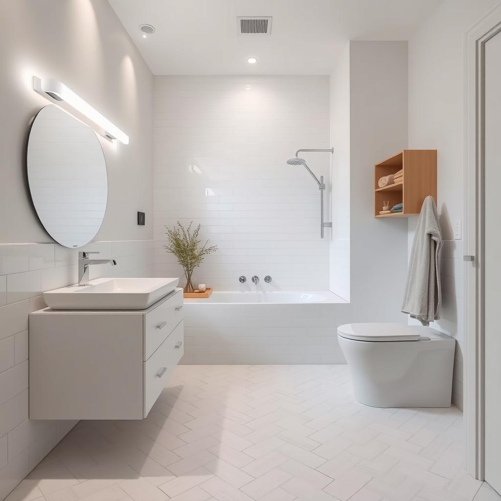 Generate an image of a modern bathroom with white herringbone floor tiles Generate an image of a modern bathroom with white herringbone floor tiles