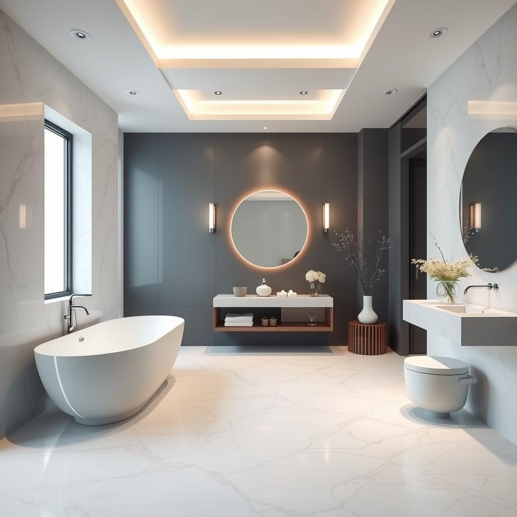 Generate an image of a serene bathroom with Carrara marble flooring Generate an image of a serene bathroom with Carrara marble flooring