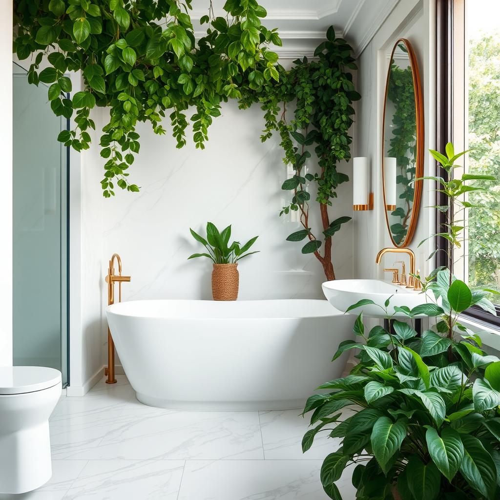 Generate an image of a serene bathroom with white marble flooring, brushed brass fixtures, and lush greenery. Generate an image of a serene bathroom with white marble flooring, brushed brass fixtures, and lush greenery.
