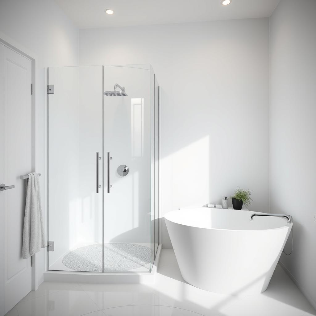 Generate an image of a small minimalist bathroom with a walk-in shower and soaking tub.