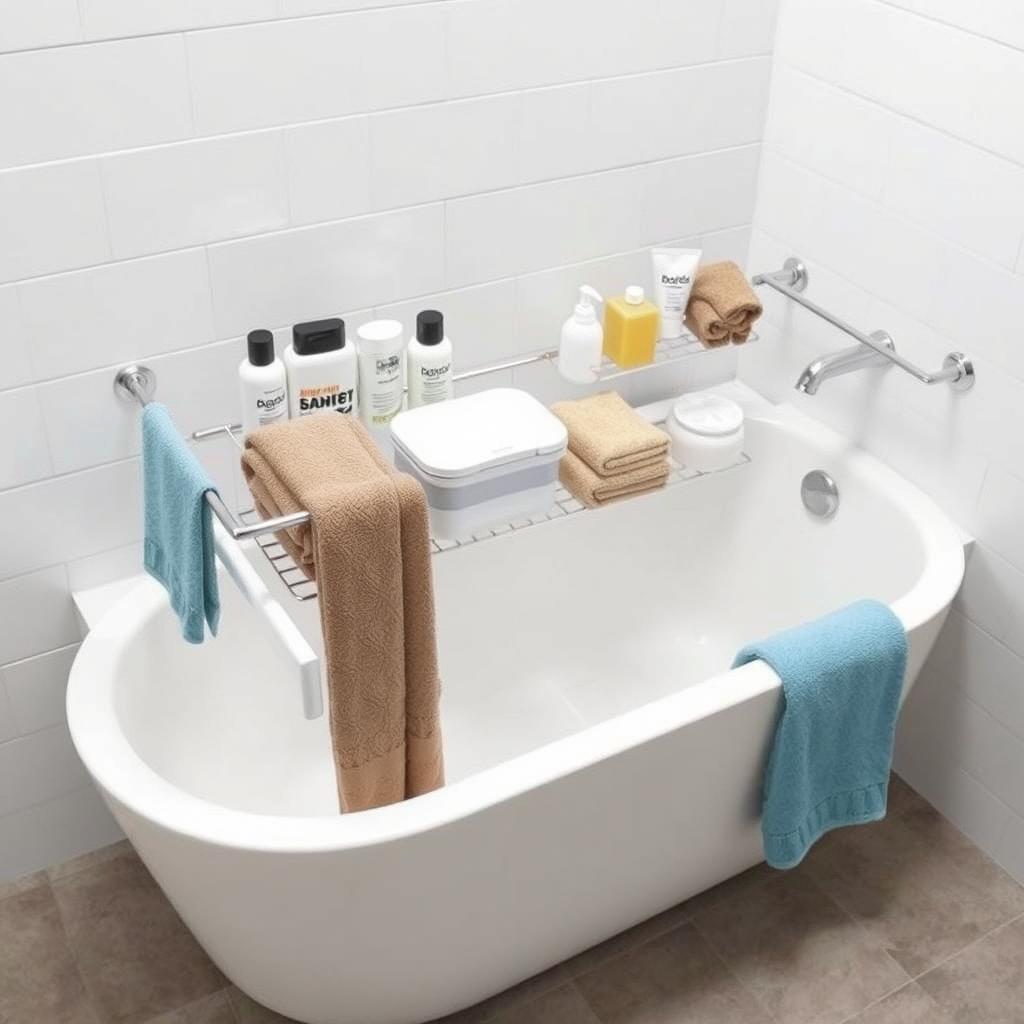 Generate an image of a tension rod storage system in a bathtub. Generate an image of a tension rod storage system in a bathtub.