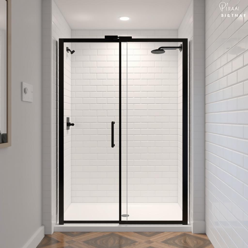 Generate an image of a walk-in wet room with a black frame shower screen and white subway tiles.