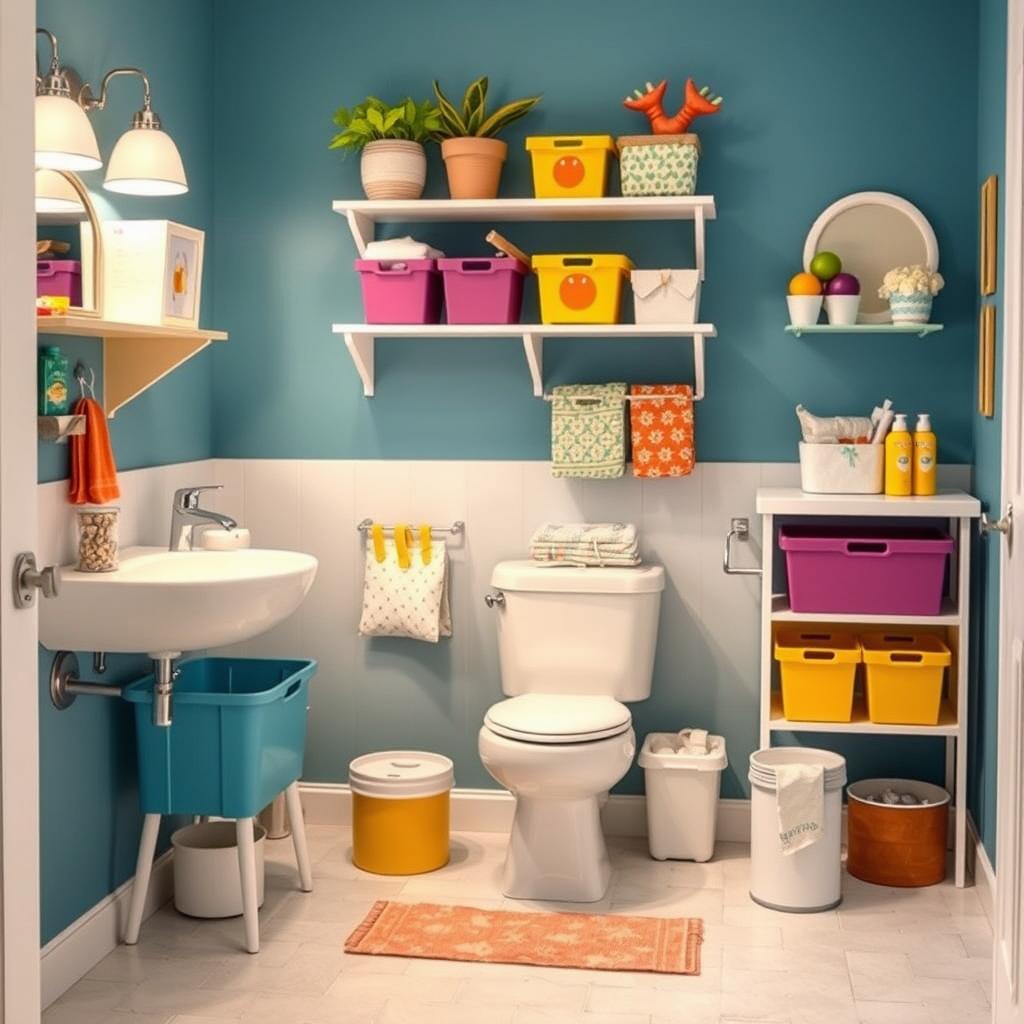 Generate an image of a well-organized kids' bathroom with storage solutions. Generate an image of a well-organized kids' bathroom with storage solutions.