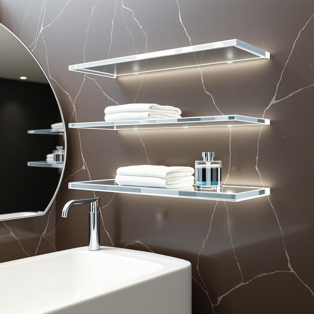 Generate an image of acrylic bathroom shelves
