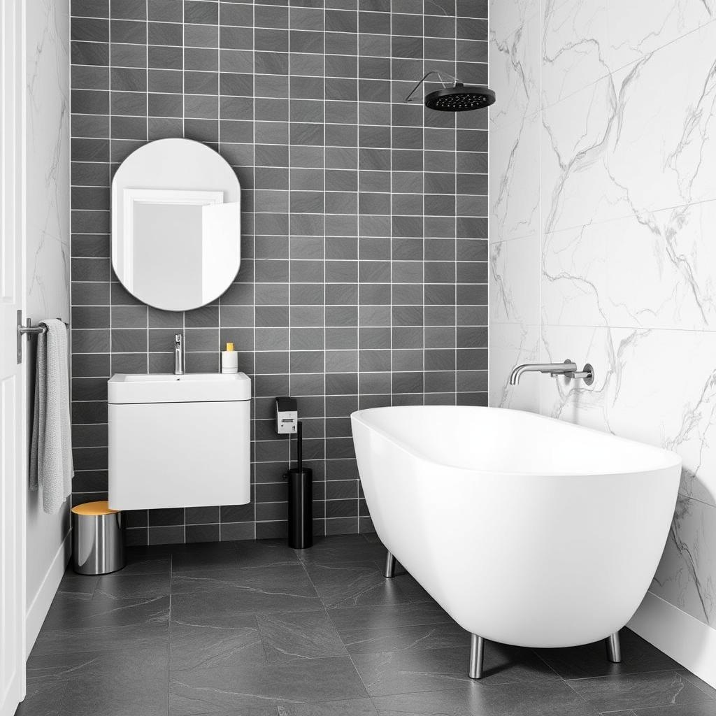 Generate an image of linoleum flooring in a modern bathroom setting. Generate an image of linoleum flooring in a modern bathroom setting.