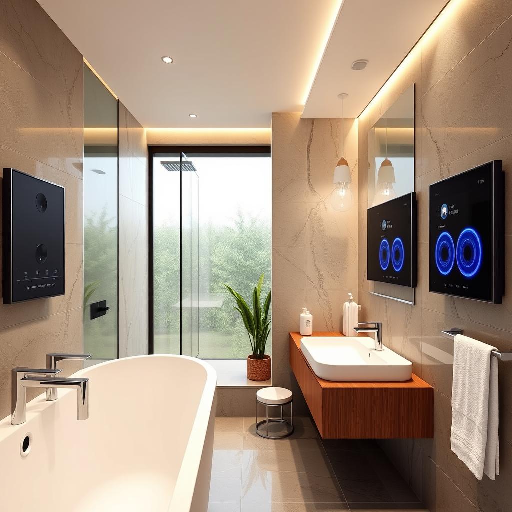 Generate an image of smart bathroom audio systems
