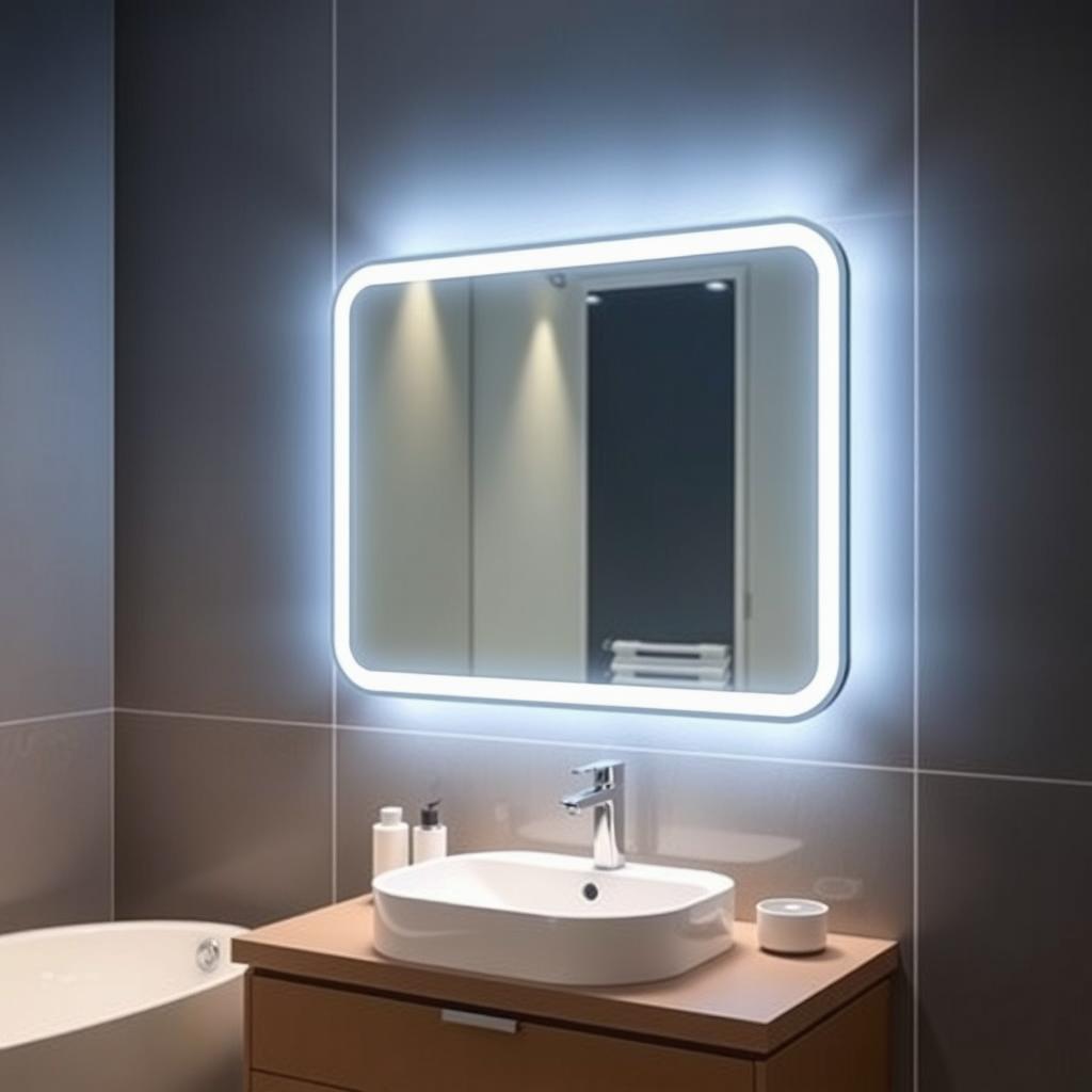 Generate an image of the Bonnlo Bluetooth Mirror installed in a modern bathroom, highlighting its sleek design and LED lighting.