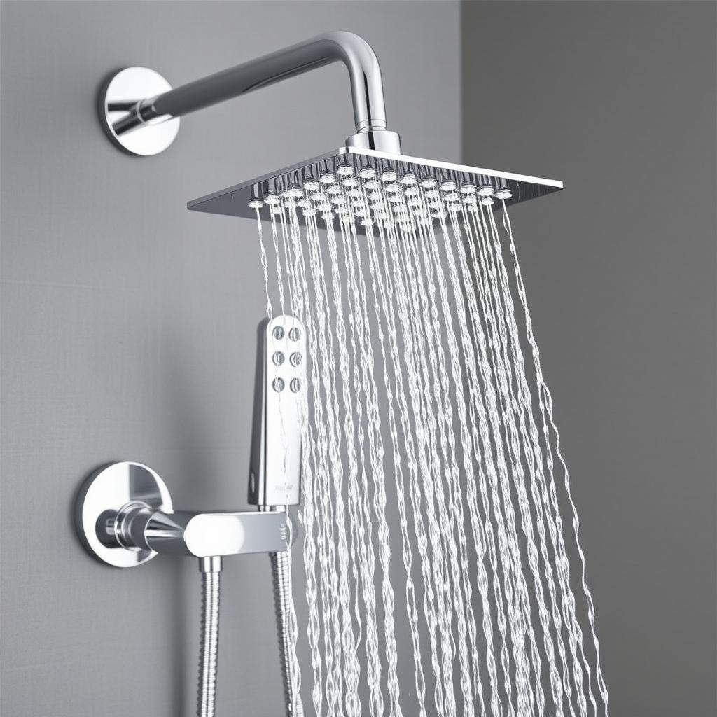 Generate an image of the Calais Rain Chrome Radio Music Bluetooth Massage Jets Shower Set, highlighting its entertainment features and massage jets.