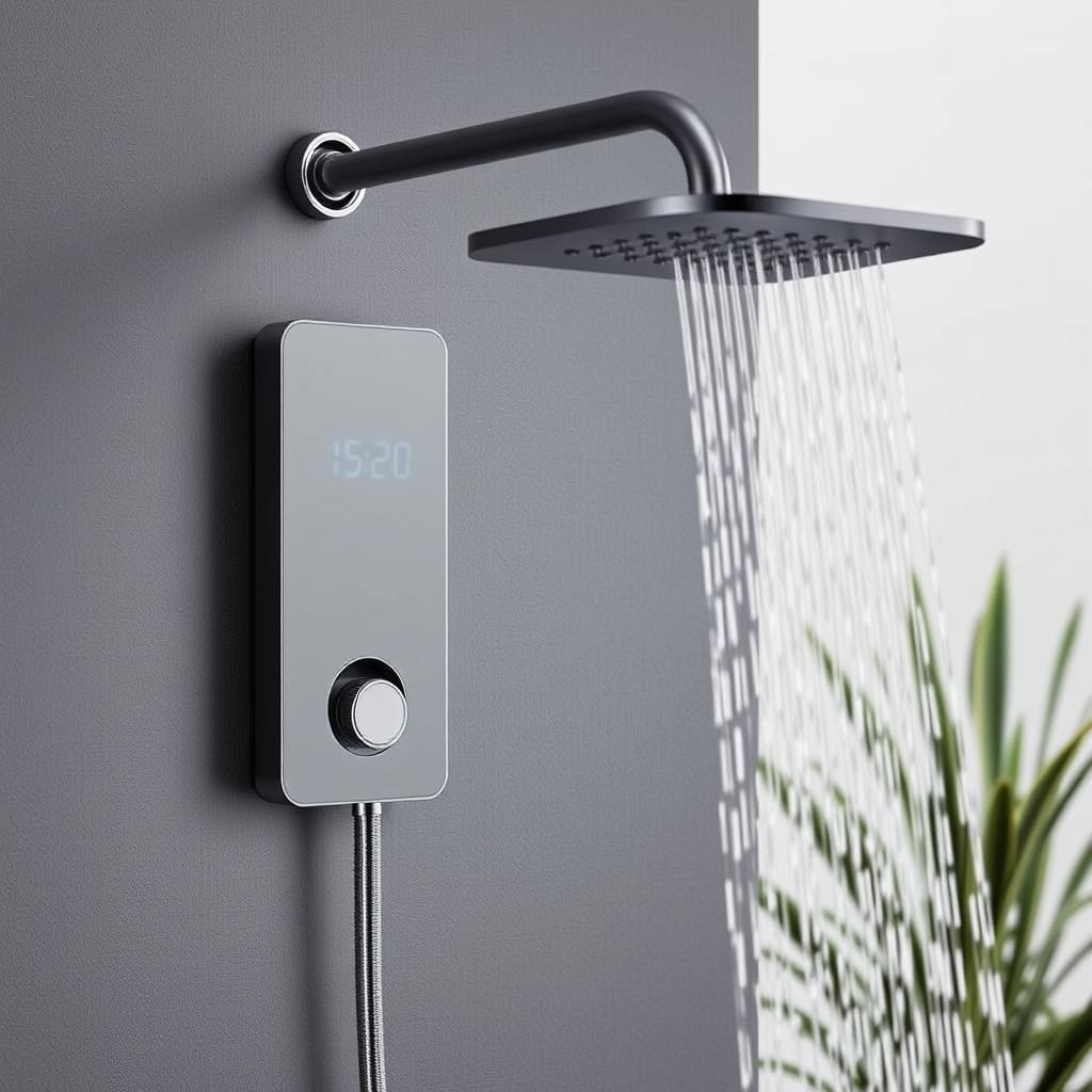 Generate an image of the Fontana Poissy Digital Display Shower, highlighting its digital temperature display and gun metal gray finish.