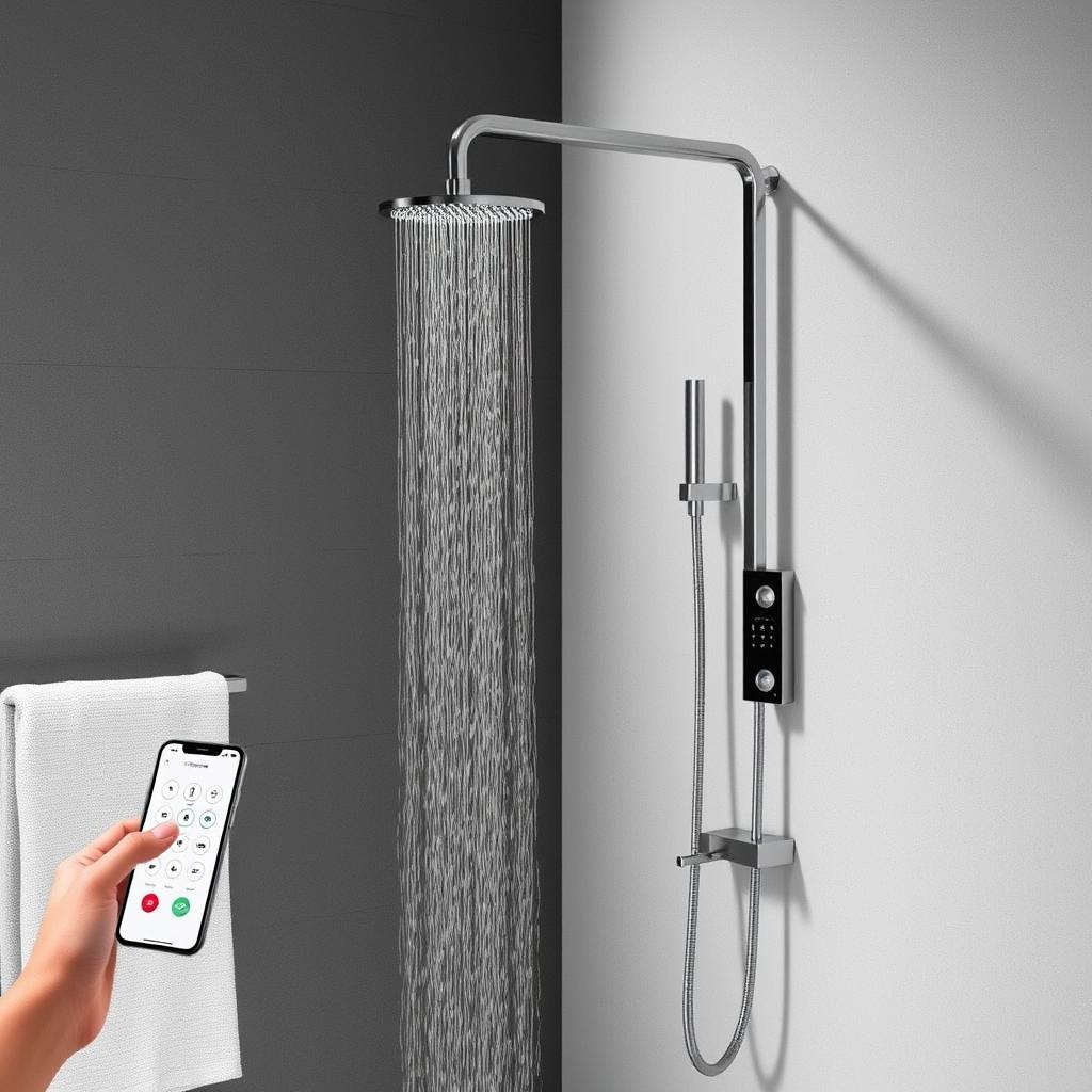 Generate an image of the Fontana Procida Remote-Controlled Smart Shower, showcasing its modern design and remote control functionality.