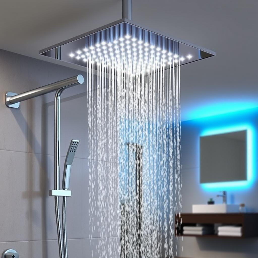 Generate an image of the Fontana Reno Bluetooth Smart Musical Shower Set, showcasing its sleek LED ceiling design and mirror finish.