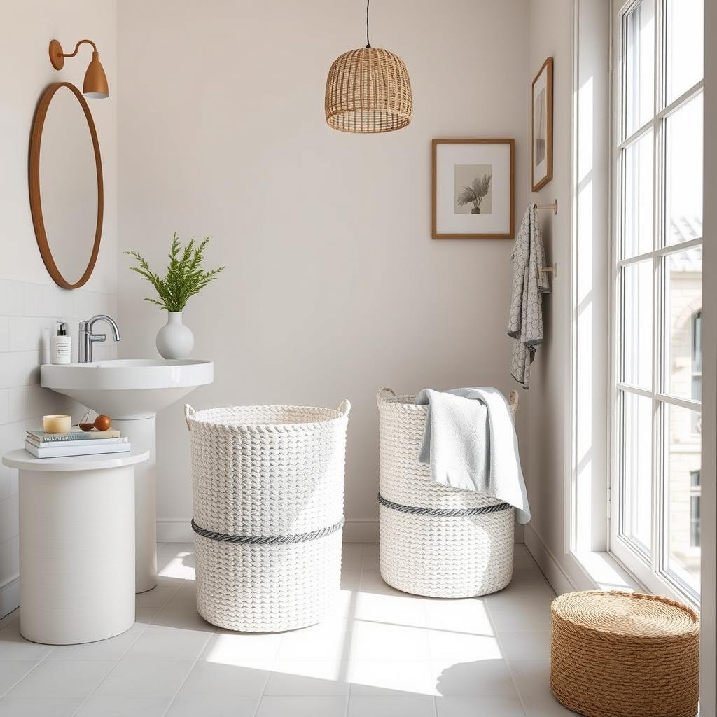 Generate an image of the Goodpick Cotton Rope Laundry Basket in a modern bathroom setting