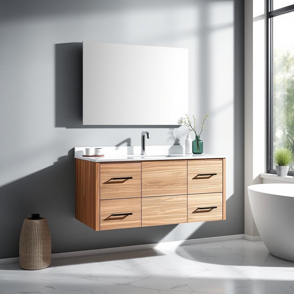 Generate an image of the Monterey Floating Vanity installed in a contemporary bathroom, highlighting its soft-close drawers and premium hardware.