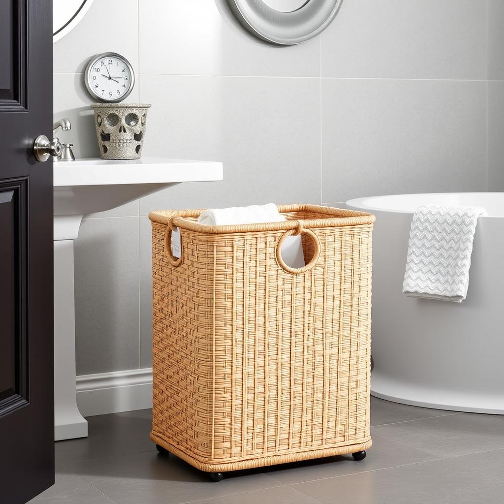 Generate an image of the Seville Classics Handwoven Laundry Sorter in a stylish bathroom.