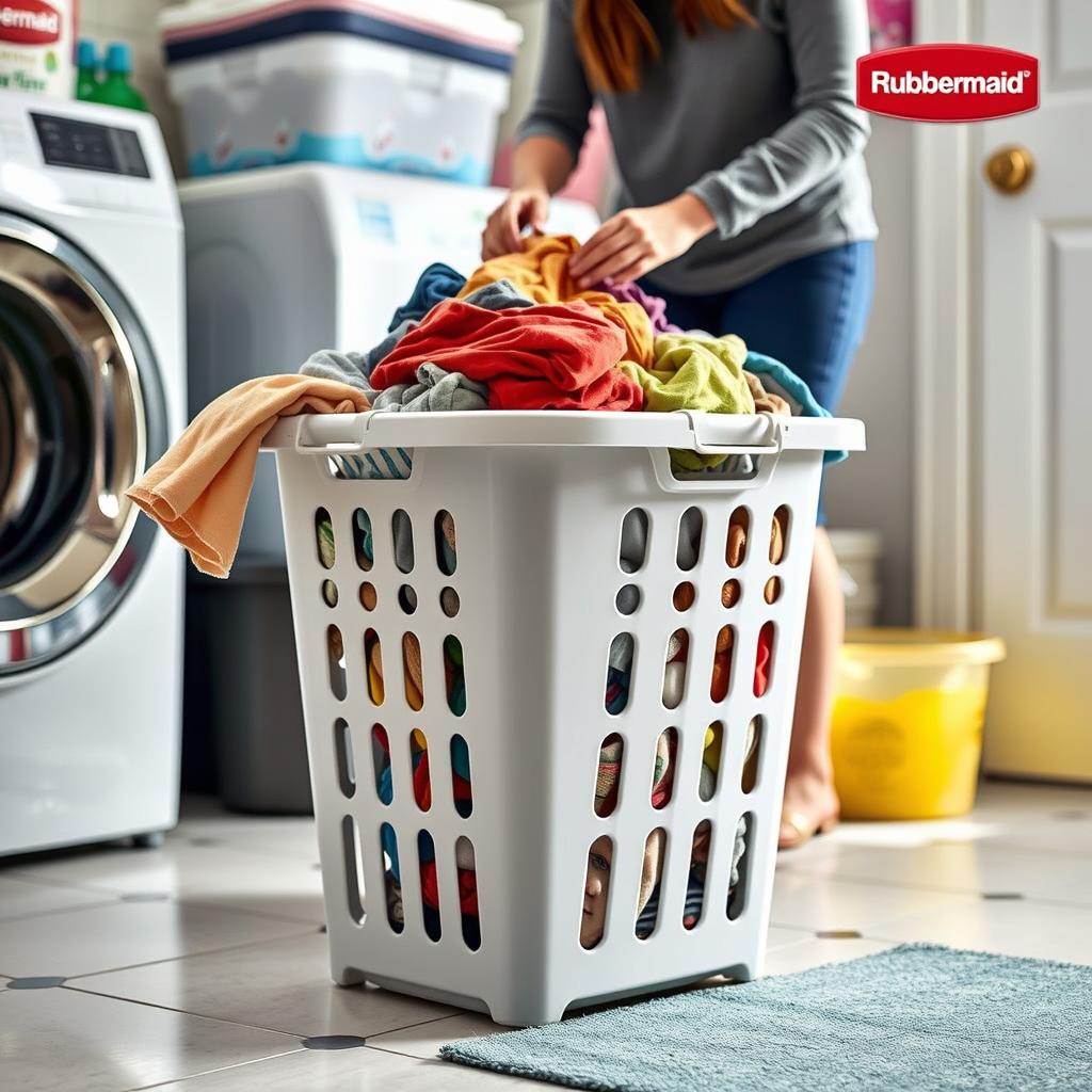 Image of Rubbermaid Hip-Hugger Laundry Basket in use