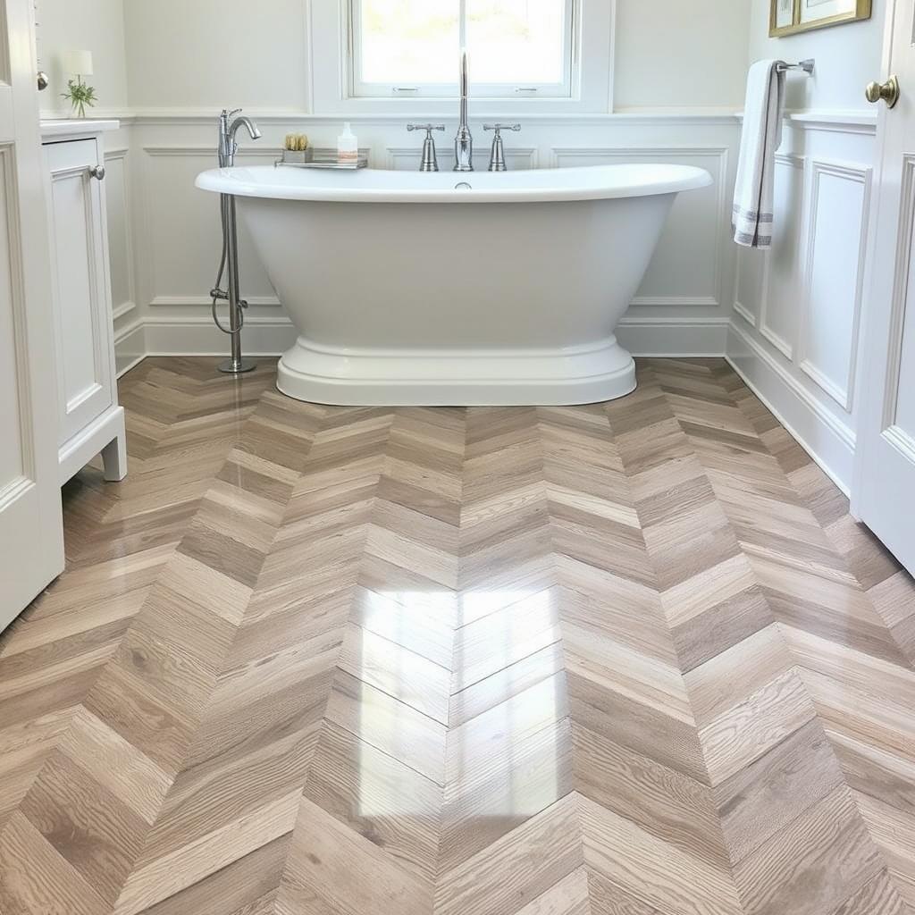 Image of a beautifully installed herringbone bathroom floor with a polished finish. Image of a beautifully installed herringbone bathroom floor with a polished finish.