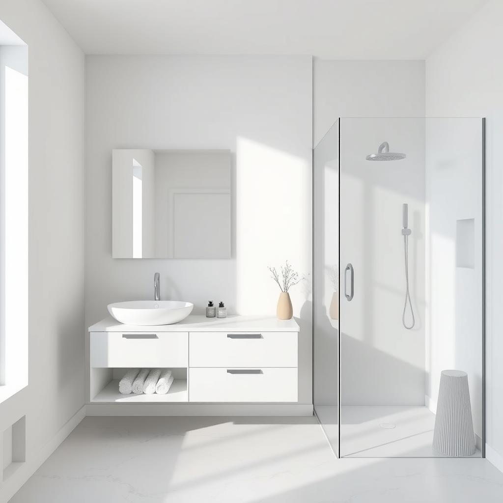 Image of a minimalist bathroom with floating vanity and glass shower enclosure