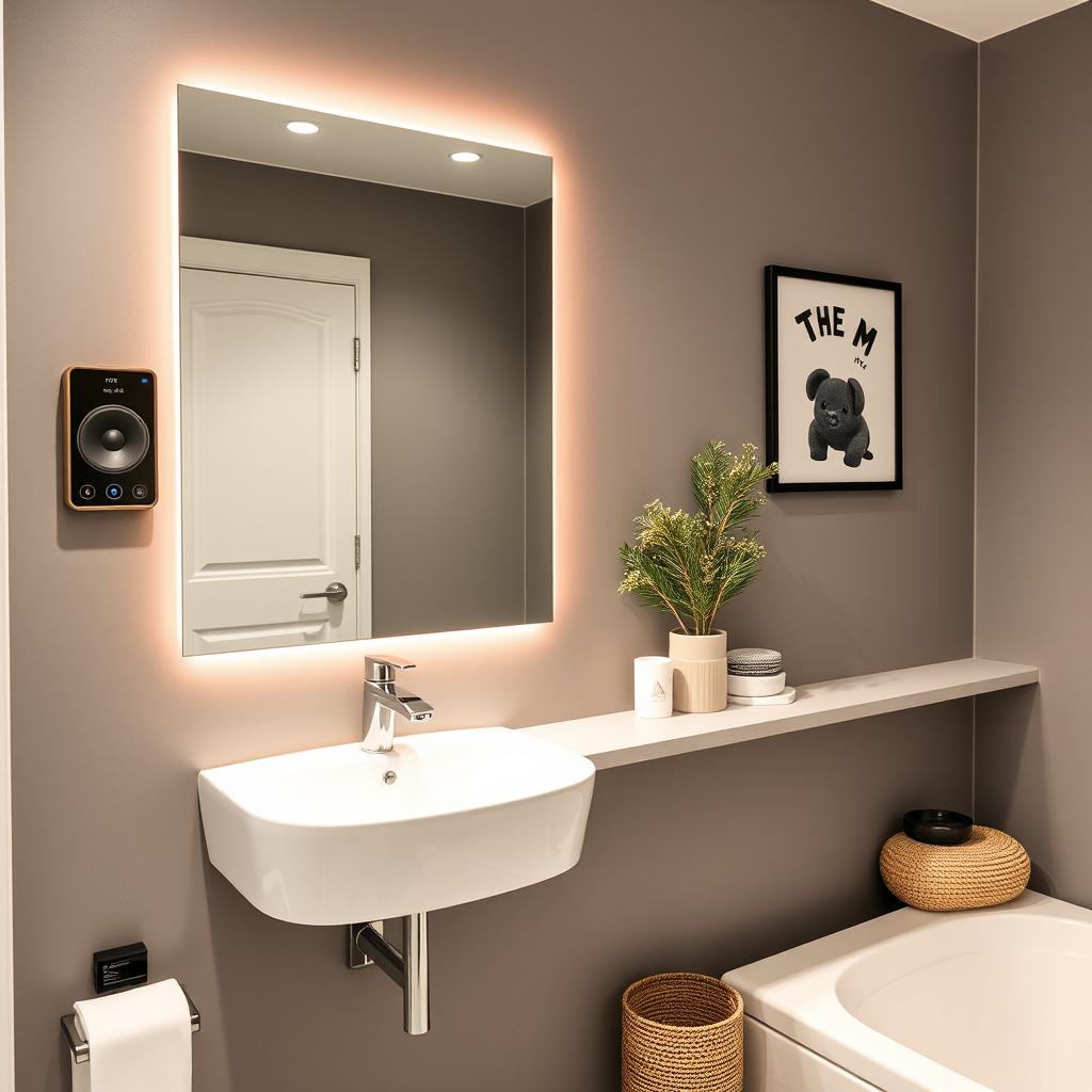 Image of a modern teen bathroom with smart mirror and Bluetooth speaker Image of a modern teen bathroom with smart mirror and Bluetooth speaker