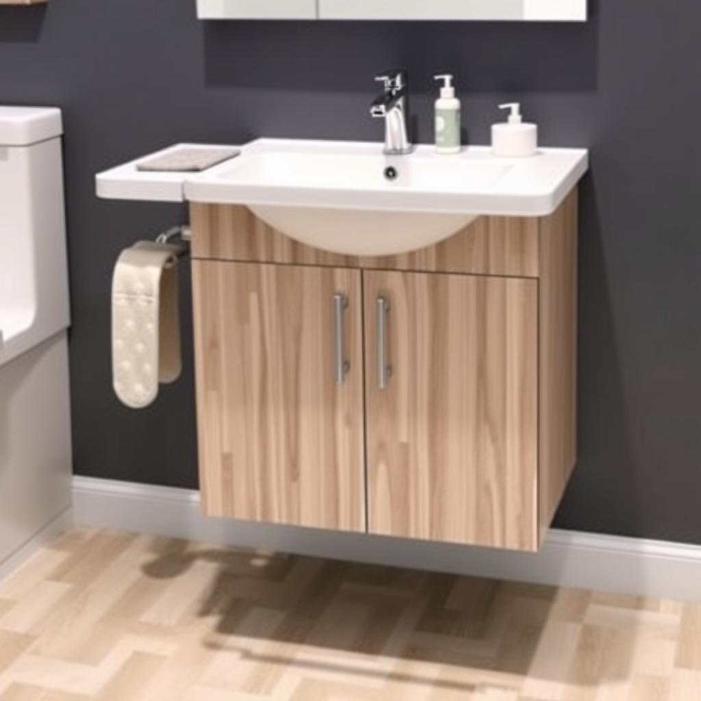 Image of a modern wheelchair accessible bathroom vanity with a wall-mounted sink Image of a modern wheelchair accessible bathroom vanity with a wall-mounted sink