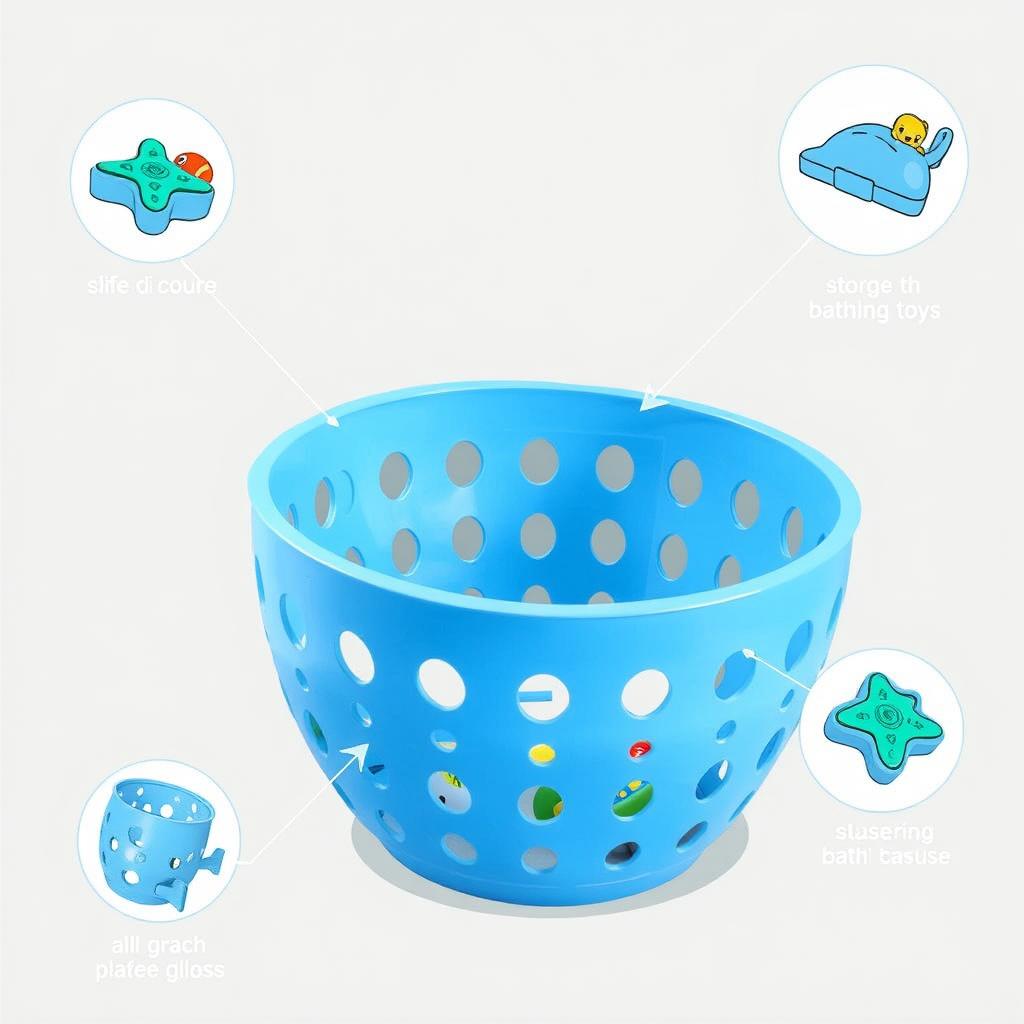 Image of a plastic strawberry basket used for bath toy storage Image of a plastic strawberry basket used for bath toy storage