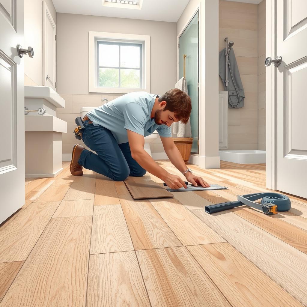 Image of a professional installer laying laminate flooring in a bathroom Image of a professional installer laying laminate flooring in a bathroom