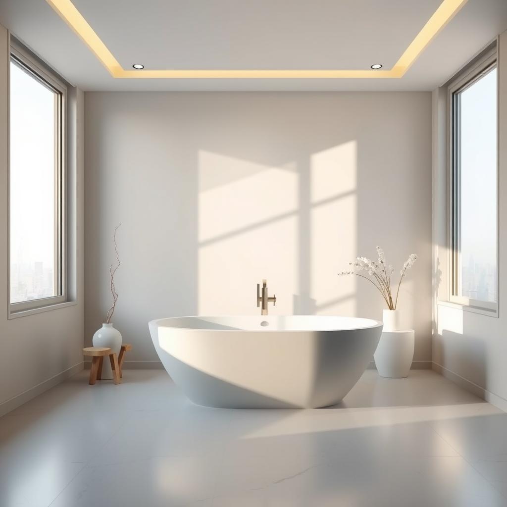 Image of a serene, minimalist bathroom with a freestanding tub and large window