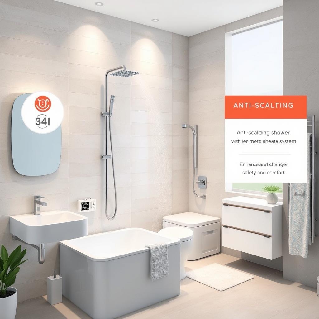 Image of a smart home bathroom with anti-scalding shower system Image of a smart home bathroom with anti-scalding shower system