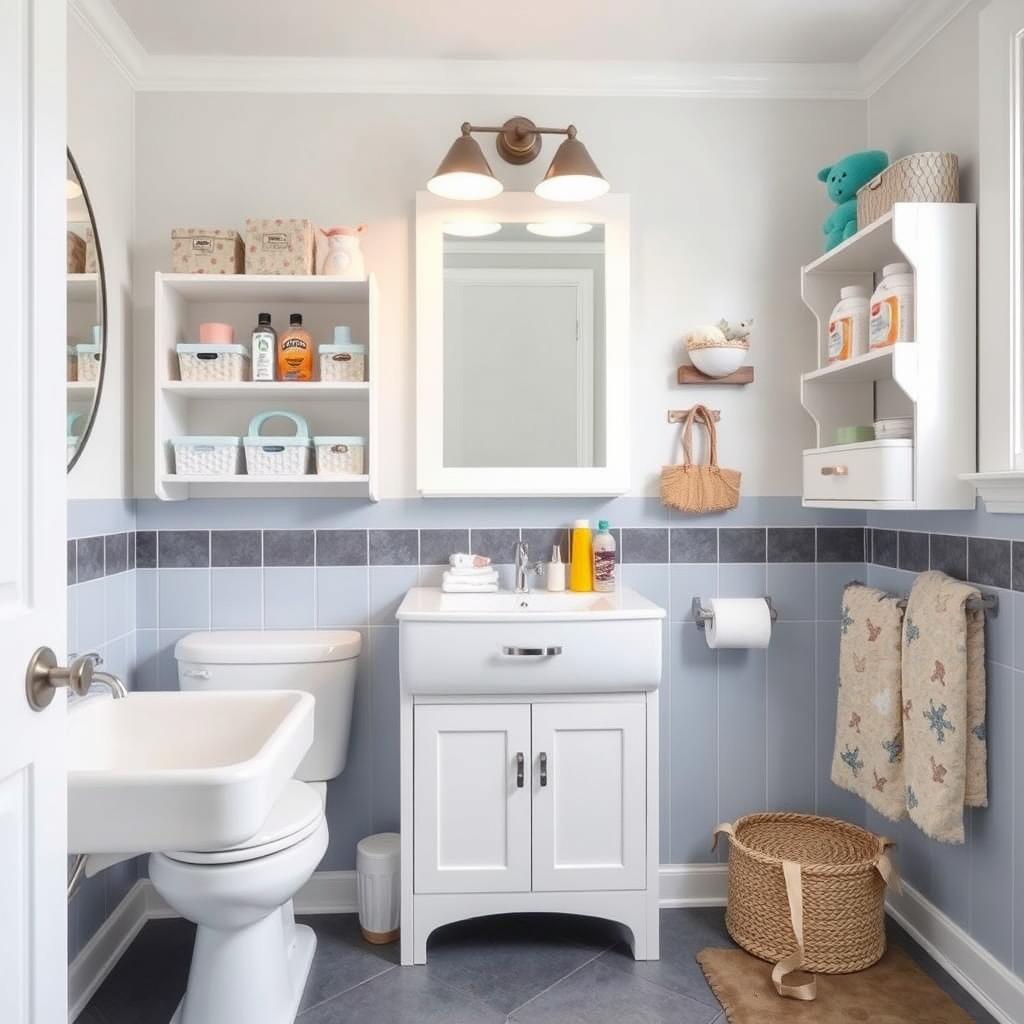 Image of a well-organized children's bathroom with various storage solutions Image of a well-organized children's bathroom with various storage solutions