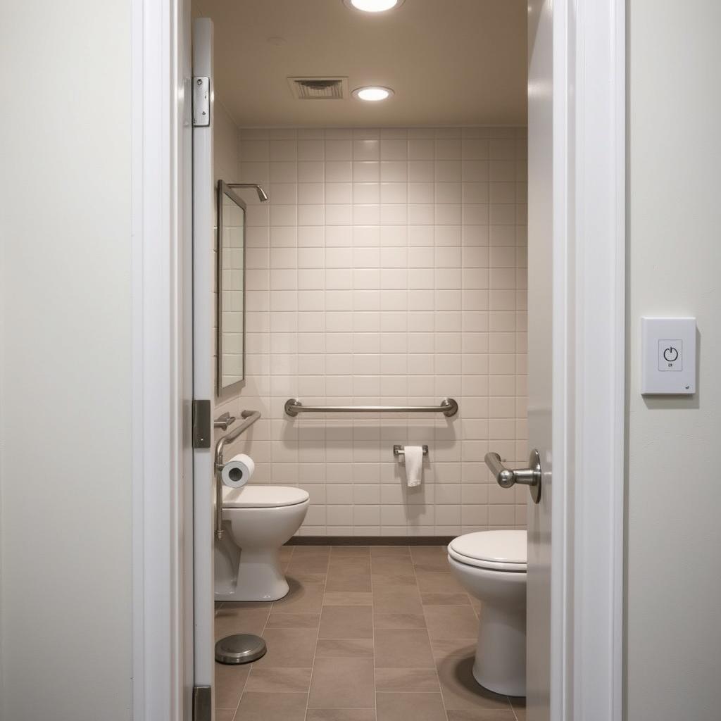 Image of a wide, accessible bathroom doorway with a lever handle Image of a wide, accessible bathroom doorway with a lever handle
