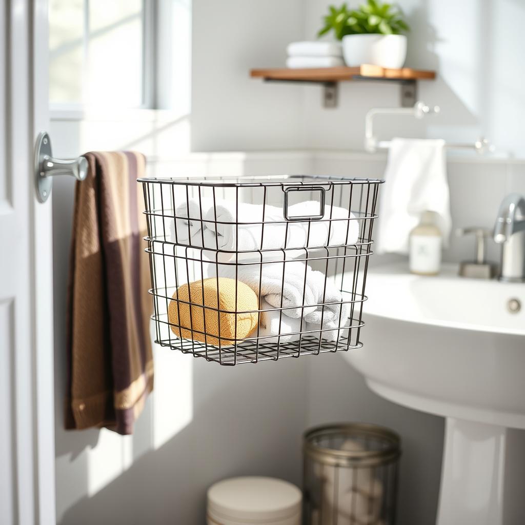 Image of a wire basket organizer in a bathroom Image of a wire basket organizer in a bathroom