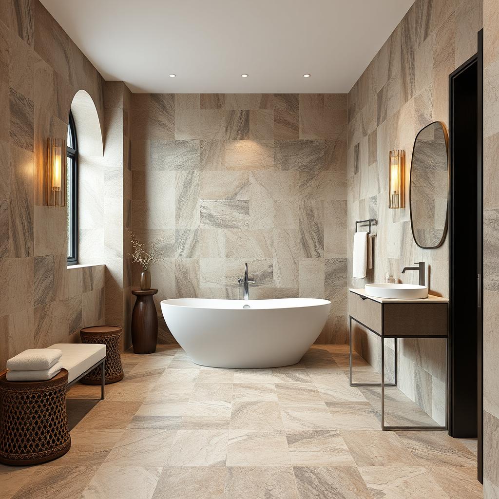 Image of stone-look vinyl tiles in a luxurious bathroom Image of stone-look vinyl tiles in a luxurious bathroom