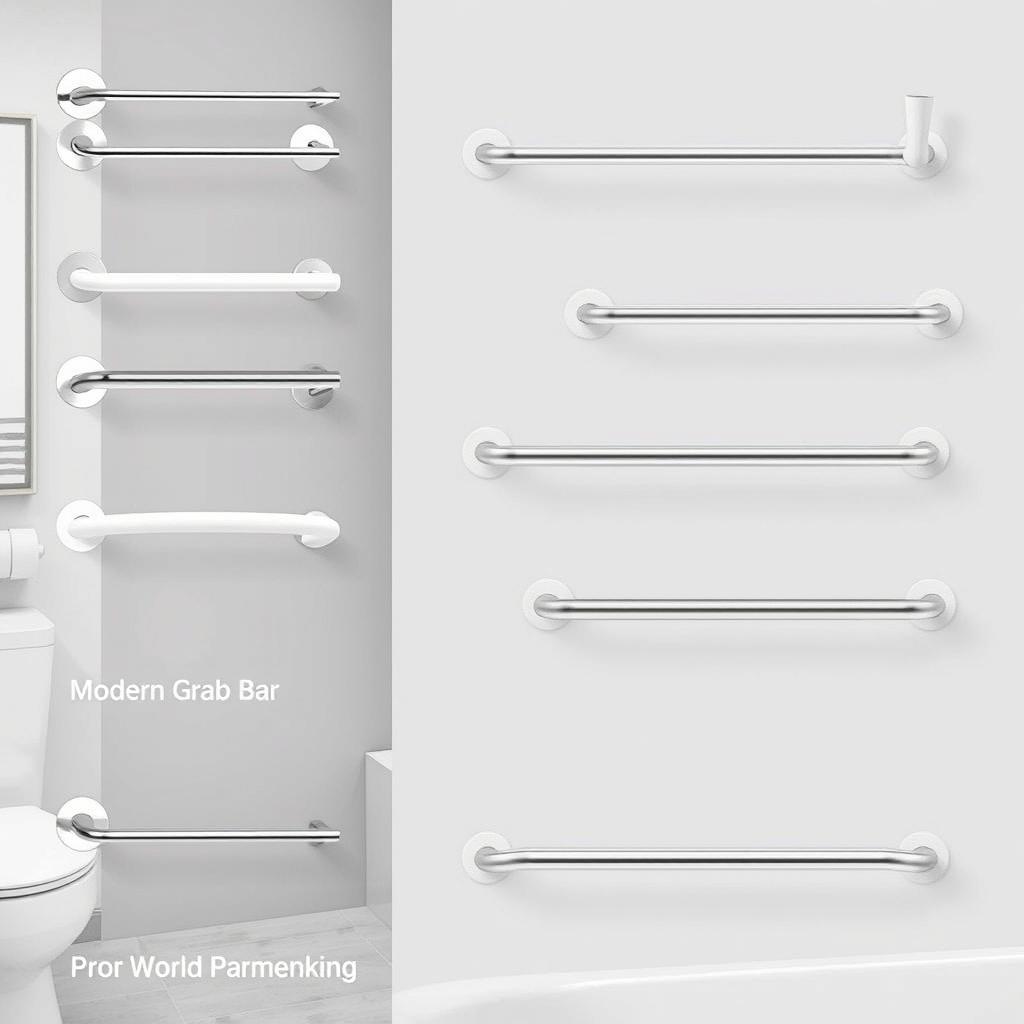 Image of various grab bar styles in a modern bathroom Image of various grab bar styles in a modern bathroom