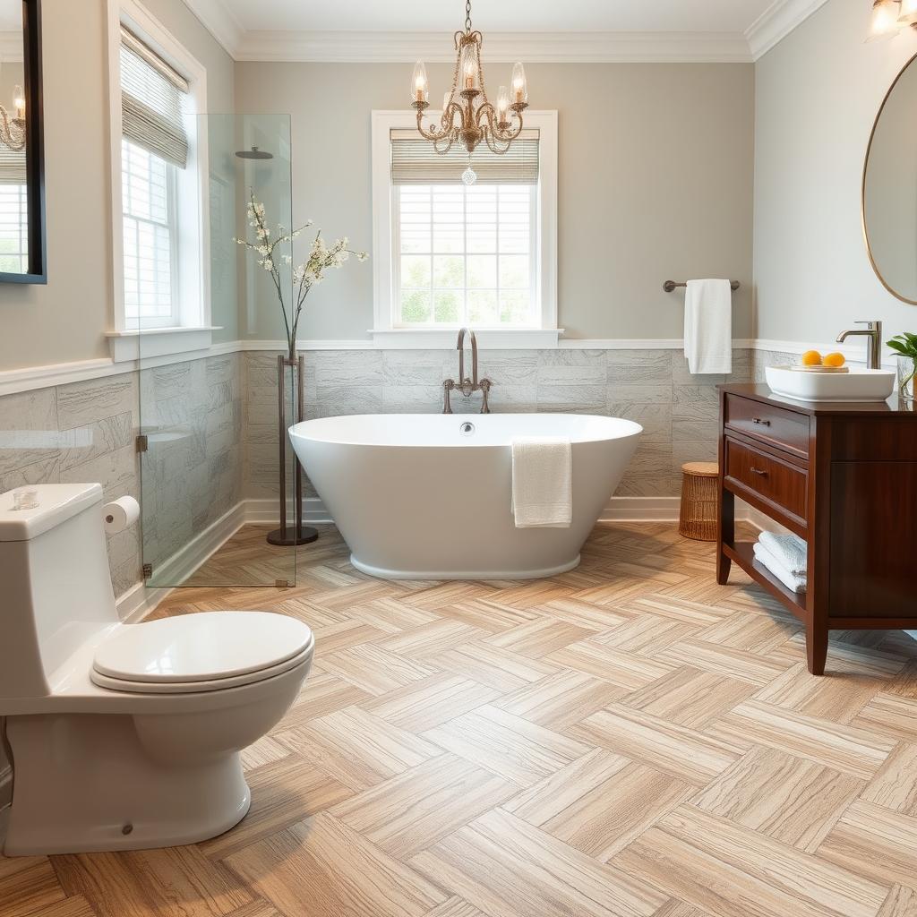 Image of waterproof core luxury vinyl flooring in a bathroom Image of waterproof core luxury vinyl flooring in a bathroom
