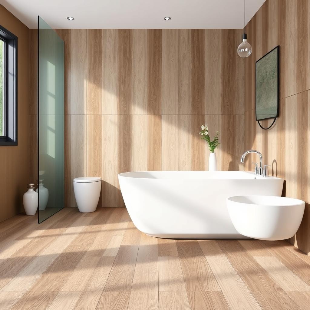 Image of wood-look vinyl planks in a modern bathroom Image of wood-look vinyl planks in a modern bathroom