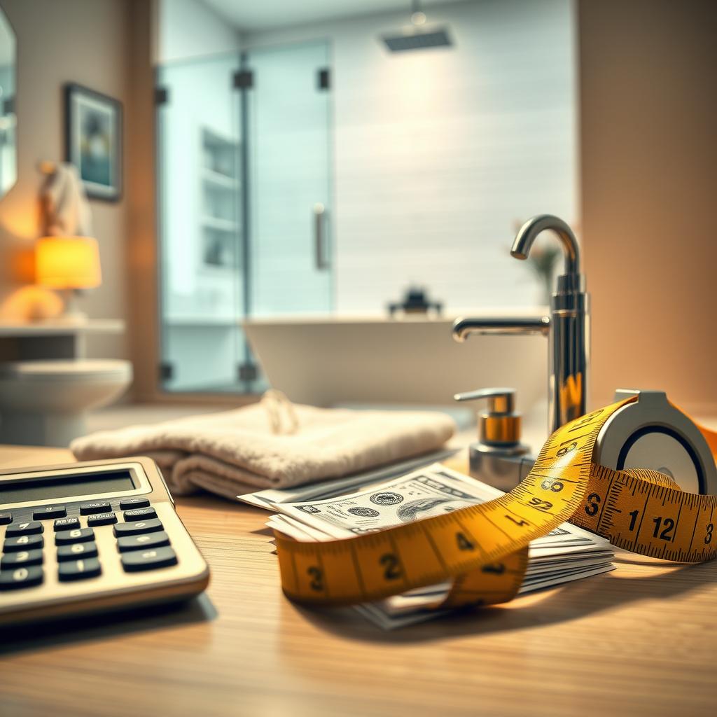 A carefully arranged still life depicting the cost of a bathroom remodel. In the foreground, a calculator, a stack of bills, and a tape measure convey the budgetary considerations. The middle ground features various bathroom upgrade options such as a modern glass shower door, a plush bath mat, and sleek faucets, highlighting the value proposition. The background is a softly blurred interior, suggesting the timing and planning required for a successful renovation. Warm, directional lighting casts subtle shadows, creating depth and emphasizing the thoughtful composition. The overall mood is one of considered financial deliberation, with the visual elements seamlessly aligning to illustrate the "cost, value, and timing" theme. A carefully arranged still life depicting the cost of a bathroom remodel. In the foreground, a calculator, a stack of bills, and a tape measure convey the budgetary considerations. The middle ground features various bathroom upgrade options such as a modern glass shower door, a plush bath mat, and sleek faucets, highlighting the value proposition. The background is a softly blurred interior, suggesting the timing and planning required for a successful renovation. Warm, directional lighting casts subtle shadows, creating depth and emphasizing the thoughtful composition. The overall mood is one of considered financial deliberation, with the visual elements seamlessly aligning to illustrate the "cost, value, and timing" theme.