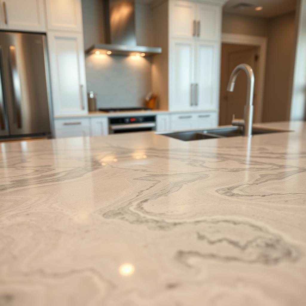 A close-up view of a gleaming quartz countertop, its surface a captivating blend of swirling patterns and subtle veining. The quartz appears polished to a flawless sheen, reflecting the warm, diffused light that bathes the scene. In the background, a minimalist kitchen design with sleek, contemporary cabinetry and stainless steel appliances creates a harmonious, sophisticated setting. The composition emphasizes the elegant, timeless nature of quartz as a premier countertop material, perfectly suited for the modern, refined kitchens of 2025. A close-up view of a gleaming quartz countertop, its surface a captivating blend of swirling patterns and subtle veining. The quartz appears polished to a flawless sheen, reflecting the warm, diffused light that bathes the scene. In the background, a minimalist kitchen design with sleek, contemporary cabinetry and stainless steel appliances creates a harmonious, sophisticated setting. The composition emphasizes the elegant, timeless nature of quartz as a premier countertop material, perfectly suited for the modern, refined kitchens of 2025.