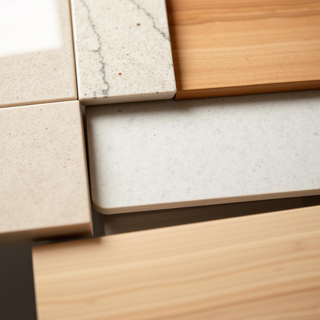 A close-up view of various durable bathroom materials, including glossy ceramic tiles, smooth natural stone surfaces, and moisture-resistant engineered wood in warm tones. The materials are illuminated by soft, diffused lighting, creating a sense of depth and texture. The image emphasizes the materials' tactile quality, highlighting their smooth, polished, or matte finishes, as well as their ability to withstand the demands of a bathroom environment. The composition is balanced and organized, allowing the viewer to focus on the unique characteristics and suitability of each material for a floating countertop solution in a small bathroom. A close-up view of various durable bathroom materials, including glossy ceramic tiles, smooth natural stone surfaces, and moisture-resistant engineered wood in warm tones. The materials are illuminated by soft, diffused lighting, creating a sense of depth and texture. The image emphasizes the materials' tactile quality, highlighting their smooth, polished, or matte finishes, as well as their ability to withstand the demands of a bathroom environment. The composition is balanced and organized, allowing the viewer to focus on the unique characteristics and suitability of each material for a floating countertop solution in a small bathroom.