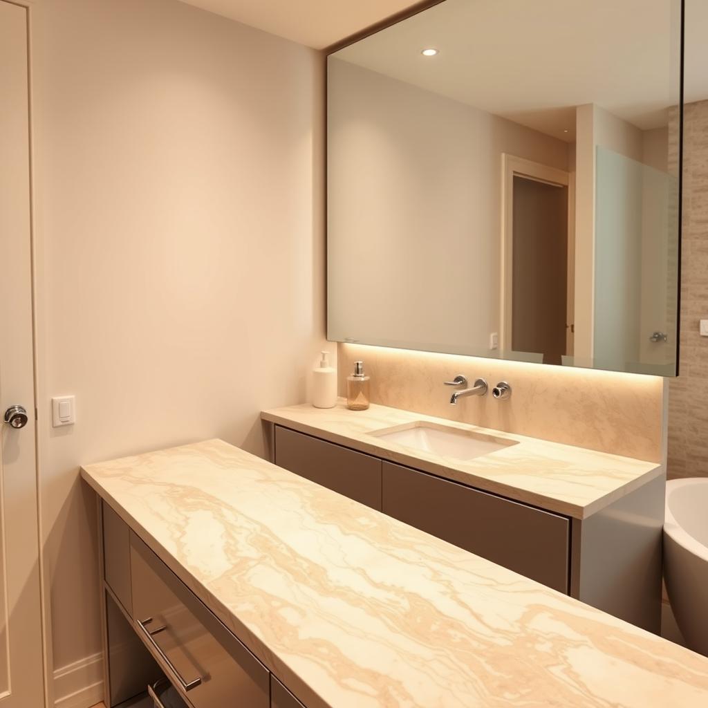 A luxurious bathroom vanity in a soft, elegant setting. The countertop is a stunning slab of custom-designed marble, with swirling veins and a smooth, polished finish that reflects the warm, diffused lighting. The vanity itself is a sleek, minimalist design in a muted color palette, accented with polished chrome hardware. The backsplash is a subtle, textured tile that complements the countertop, while the large, frameless mirror above the vanity creates an illusion of depth and amplifies the sense of spaciousness. The overall atmosphere is one of tranquility and sophistication, evoking a high-end spa-like experience. A luxurious bathroom vanity in a soft, elegant setting. The countertop is a stunning slab of custom-designed marble, with swirling veins and a smooth, polished finish that reflects the warm, diffused lighting. The vanity itself is a sleek, minimalist design in a muted color palette, accented with polished chrome hardware. The backsplash is a subtle, textured tile that complements the countertop, while the large, frameless mirror above the vanity creates an illusion of depth and amplifies the sense of spaciousness. The overall atmosphere is one of tranquility and sophistication, evoking a high-end spa-like experience.