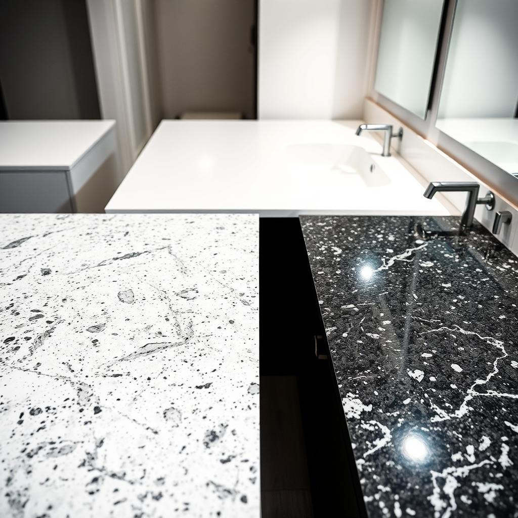 A meticulously detailed side-by-side comparison of granite and quartz bathroom countertops, showcased in a well-lit, high-resolution image. Granite countertops in the foreground, with their distinctive natural patterns and subtle veining, positioned alongside sleek, uniform quartz surfaces in the middle ground. The background features a clean, minimalist bathroom setting, with subtle reflections on the countertops to highlight their contrasting textures and finishes. Precise lighting from multiple angles creates depth and emphasizes the material properties, inviting the viewer to closely examine the differences between these two premium countertop options. A meticulously detailed side-by-side comparison of granite and quartz bathroom countertops, showcased in a well-lit, high-resolution image. Granite countertops in the foreground, with their distinctive natural patterns and subtle veining, positioned alongside sleek, uniform quartz surfaces in the middle ground. The background features a clean, minimalist bathroom setting, with subtle reflections on the countertops to highlight their contrasting textures and finishes. Precise lighting from multiple angles creates depth and emphasizes the material properties, inviting the viewer to closely examine the differences between these two premium countertop options.
