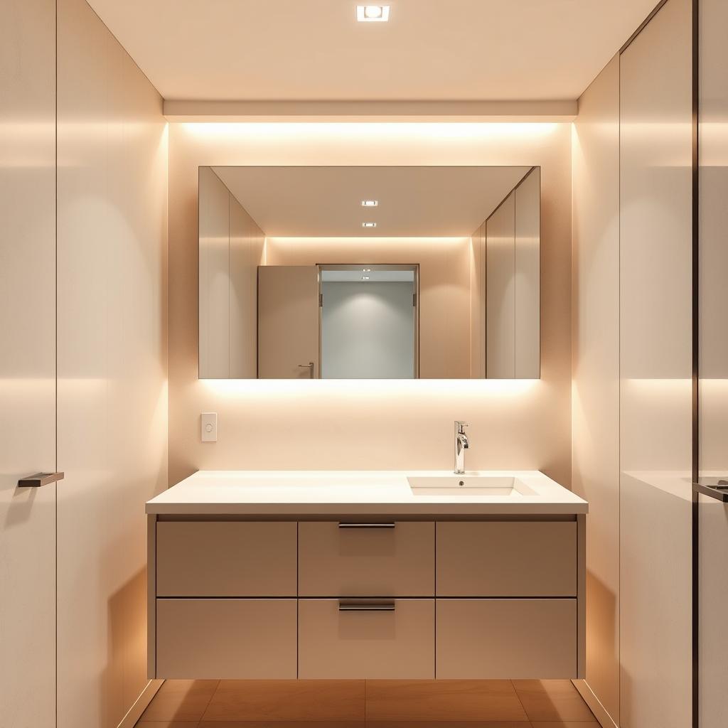 A modern, minimalist bathroom interior with a sleek, floating countertop suspended above a stylish vanity unit. The countertop is made of a smooth, light-colored stone or quartz material, creating a clean, uncluttered look. Soft, indirect lighting illuminates the space, casting a warm, inviting glow. The vanity unit is a neutral tone, complementing the countertop and accentuating the sense of openness and space. Subtle, geometric wall tiles or paneling add visual interest, while a large mirror reflects the light, further enhancing the illusion of depth. The overall atmosphere is one of sophistication, functionality, and maximized space utilization. A modern, minimalist bathroom interior with a sleek, floating countertop suspended above a stylish vanity unit. The countertop is made of a smooth, light-colored stone or quartz material, creating a clean, uncluttered look. Soft, indirect lighting illuminates the space, casting a warm, inviting glow. The vanity unit is a neutral tone, complementing the countertop and accentuating the sense of openness and space. Subtle, geometric wall tiles or paneling add visual interest, while a large mirror reflects the light, further enhancing the illusion of depth. The overall atmosphere is one of sophistication, functionality, and maximized space utilization.