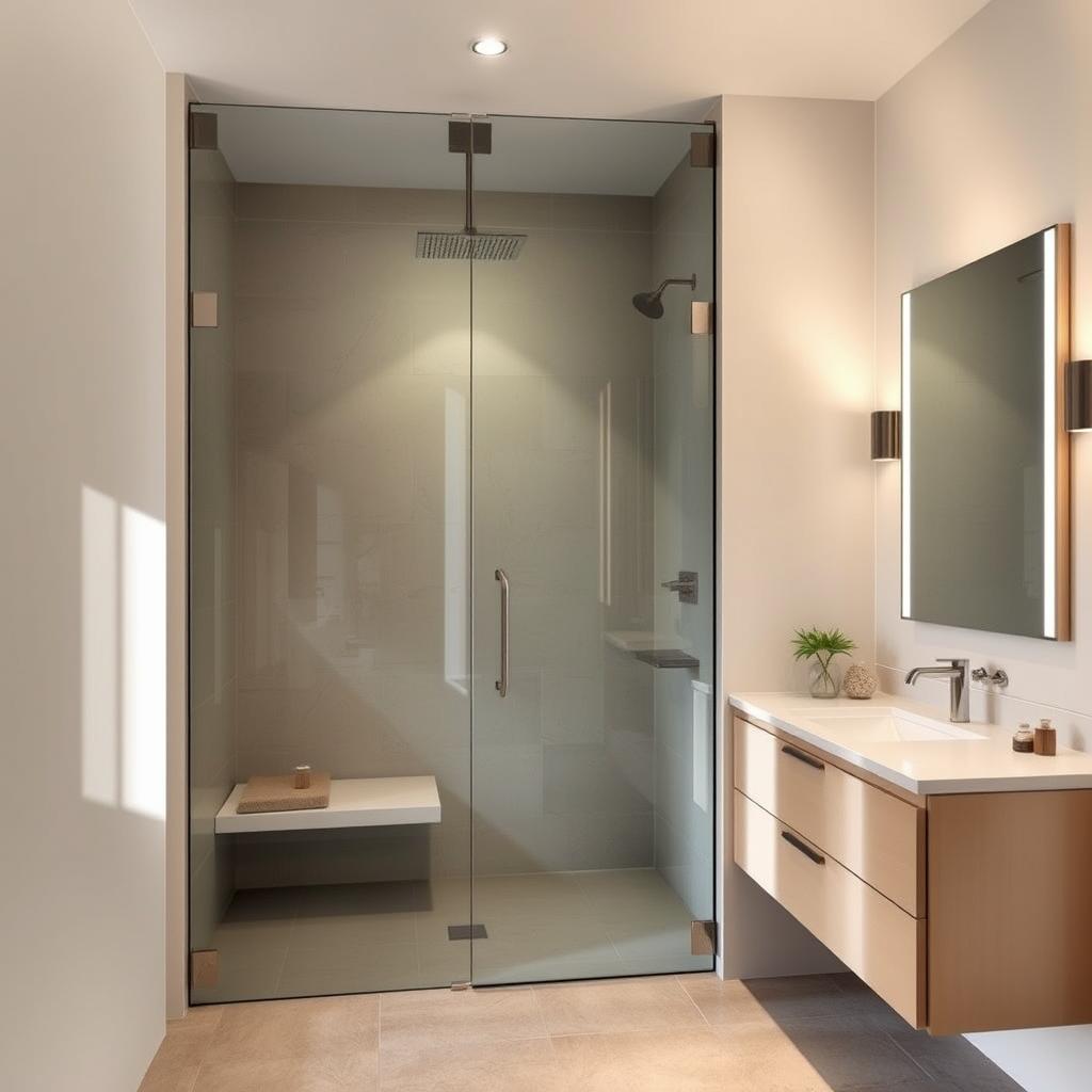 A modern, spa-like shower enclosure with sleek frameless glass panels, a rainfall showerhead, and a built-in bench. Soft, diffused lighting filters through the space, creating a serene and rejuvenating atmosphere. The shower floor is finished in large-format, matte tiles in a neutral palette, complemented by a minimal, minimalist-inspired sink vanity and mirrors. Warm, natural wood accents add a touch of luxury, while clean lines and a muted color scheme evoke a sense of tranquility and relaxation. A modern, spa-like shower enclosure with sleek frameless glass panels, a rainfall showerhead, and a built-in bench. Soft, diffused lighting filters through the space, creating a serene and rejuvenating atmosphere. The shower floor is finished in large-format, matte tiles in a neutral palette, complemented by a minimal, minimalist-inspired sink vanity and mirrors. Warm, natural wood accents add a touch of luxury, while clean lines and a muted color scheme evoke a sense of tranquility and relaxation.