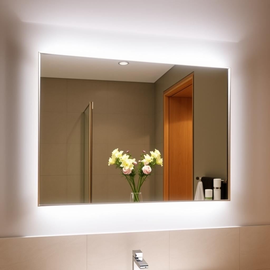 A sleek, modern bathroom mirror with a dramatic, angular frame that draws the eye. Soft, diffused lighting from above illuminates the mirror's surface, creating a warm, inviting glow. The mirror's unique, geometric shape adds a touch of sophistication and visual interest to the space. In the foreground, the mirror's surface reflects the bathroom's elegant tile work and a vase of fresh flowers, creating a sense of depth and intrigue. The mirror's frame is crafted from a brushed metal finish, blending seamlessly with the room's contemporary aesthetic. An integrated storage compartment behind the mirror provides ample space for toiletries, enhancing the mirror's functionality and streamlining the bathroom's organization. A sleek, modern bathroom mirror with a dramatic, angular frame that draws the eye. Soft, diffused lighting from above illuminates the mirror's surface, creating a warm, inviting glow. The mirror's unique, geometric shape adds a touch of sophistication and visual interest to the space. In the foreground, the mirror's surface reflects the bathroom's elegant tile work and a vase of fresh flowers, creating a sense of depth and intrigue. The mirror's frame is crafted from a brushed metal finish, blending seamlessly with the room's contemporary aesthetic. An integrated storage compartment behind the mirror provides ample space for toiletries, enhancing the mirror's functionality and streamlining the bathroom's organization.