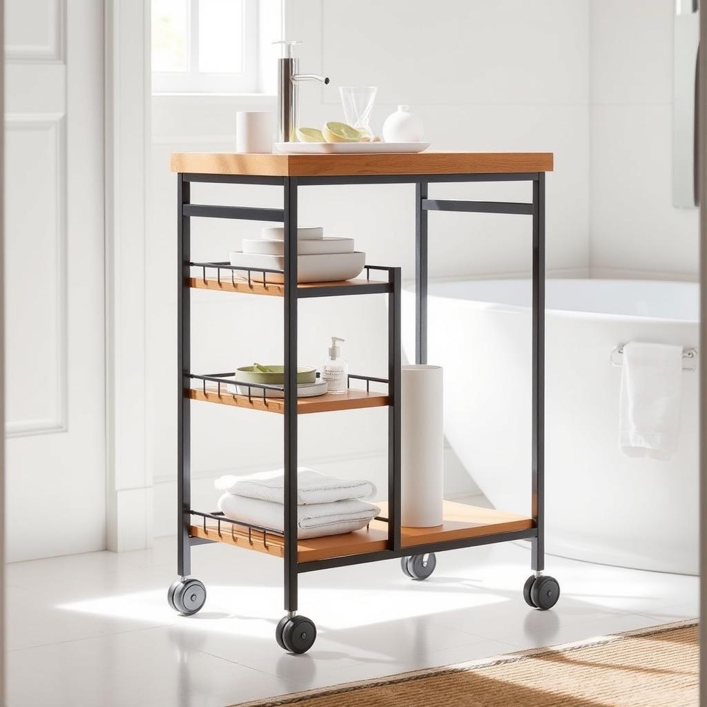 A sleek, modern storage cart with a wooden top and metal frame, set against a bright, airy bathroom backdrop. The cart features multiple shelves and casters, allowing for easy mobility and ample storage space. Soft, diffused lighting illuminates the scene, highlighting the cart's clean lines and practical design. The minimalist aesthetic complements the small guest bathroom's decor, showcasing how a compact, multipurpose piece can maximize functionality in a limited footprint. The cart's versatility and space-saving nature embody the theme of "Small Footprint, Big Function: Caddies, Carts, and Benches". A sleek, modern storage cart with a wooden top and metal frame, set against a bright, airy bathroom backdrop. The cart features multiple shelves and casters, allowing for easy mobility and ample storage space. Soft, diffused lighting illuminates the scene, highlighting the cart's clean lines and practical design. The minimalist aesthetic complements the small guest bathroom's decor, showcasing how a compact, multipurpose piece can maximize functionality in a limited footprint. The cart's versatility and space-saving nature embody the theme of "Small Footprint, Big Function: Caddies, Carts, and Benches".