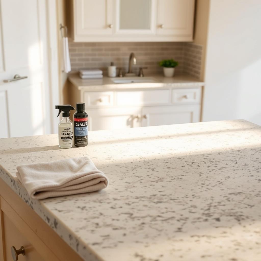 A well-lit granite countertop in a minimalist bathroom setting. The surface is clean and polished, with subtle natural variations in the stone. In the foreground, a soft cloth, cleaning supplies, and a sealed granite polish sit neatly arranged, conveying a sense of effortless maintenance. The mid-ground features simple, white cabinetry and a minimalist sink, while the background showcases a neutral-toned tile wall, creating a cohesive, elegant atmosphere. Warm, directional lighting casts gentle shadows, emphasizing the countertop's durable, low-maintenance qualities. The overall mood is one of understated sophistication and budget-friendly practicality. A well-lit granite countertop in a minimalist bathroom setting. The surface is clean and polished, with subtle natural variations in the stone. In the foreground, a soft cloth, cleaning supplies, and a sealed granite polish sit neatly arranged, conveying a sense of effortless maintenance. The mid-ground features simple, white cabinetry and a minimalist sink, while the background showcases a neutral-toned tile wall, creating a cohesive, elegant atmosphere. Warm, directional lighting casts gentle shadows, emphasizing the countertop's durable, low-maintenance qualities. The overall mood is one of understated sophistication and budget-friendly practicality.
