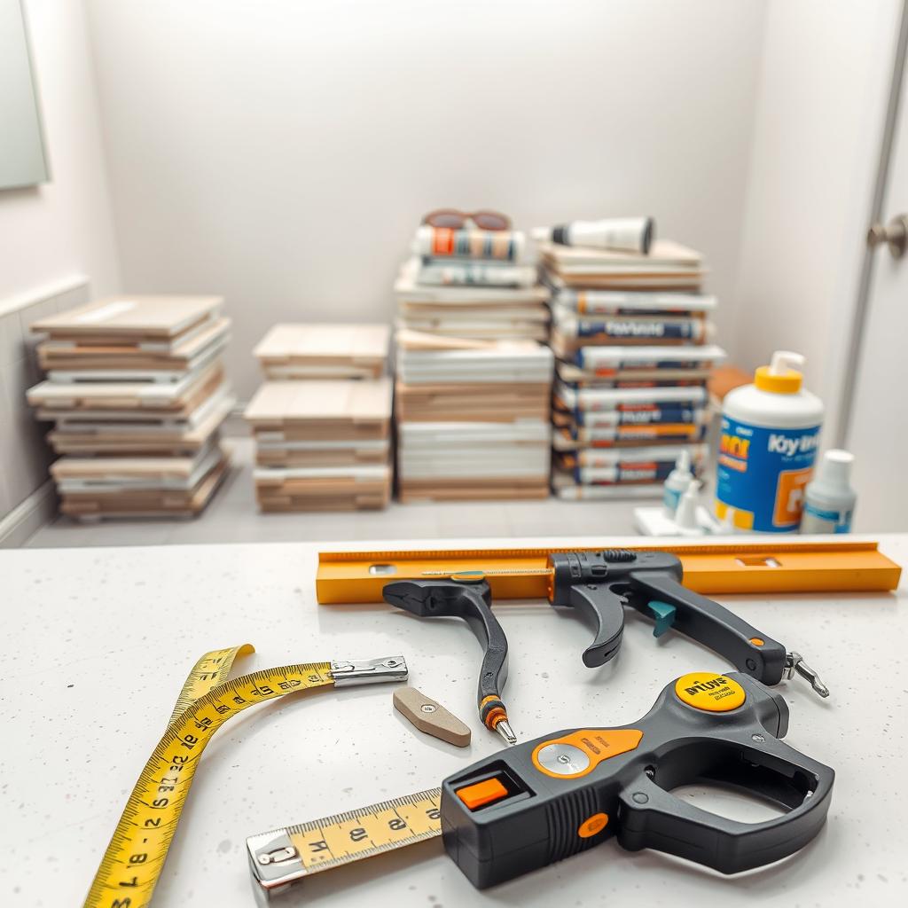 A well-lit, high-angle photograph of a vanity countertop workspace. In the foreground, an assortment of essential tools neatly arranged: a tape measure, a level, a caulk gun, a utility knife, and safety goggles. In the middle ground, stacks of tiles, grout, sealant, and other materials needed for a bathroom countertop installation project. The background showcases the clean, minimalist environment of the bathroom, with neutral tones and soft lighting enhancing the professional, task-oriented atmosphere. A well-lit, high-angle photograph of a vanity countertop workspace. In the foreground, an assortment of essential tools neatly arranged: a tape measure, a level, a caulk gun, a utility knife, and safety goggles. In the middle ground, stacks of tiles, grout, sealant, and other materials needed for a bathroom countertop installation project. The background showcases the clean, minimalist environment of the bathroom, with neutral tones and soft lighting enhancing the professional, task-oriented atmosphere.