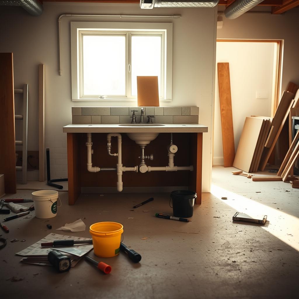 A well-lit workshop interior with a tiled bathroom vanity in the foreground. The old countertop has been removed, revealing exposed plumbing pipes and fittings. Scattered tools, a bucket, and a few pieces of drywall or tile litter the floor around the vanity. The lighting casts long shadows, creating a sense of depth and focus on the plumbing preparation work. The middle ground features a window letting in natural daylight, while the background showcases other home improvement projects or supplies. The overall atmosphere is one of a DIY home renovation in progress. A well-lit workshop interior with a tiled bathroom vanity in the foreground. The old countertop has been removed, revealing exposed plumbing pipes and fittings. Scattered tools, a bucket, and a few pieces of drywall or tile litter the floor around the vanity. The lighting casts long shadows, creating a sense of depth and focus on the plumbing preparation work. The middle ground features a window letting in natural daylight, while the background showcases other home improvement projects or supplies. The overall atmosphere is one of a DIY home renovation in progress.