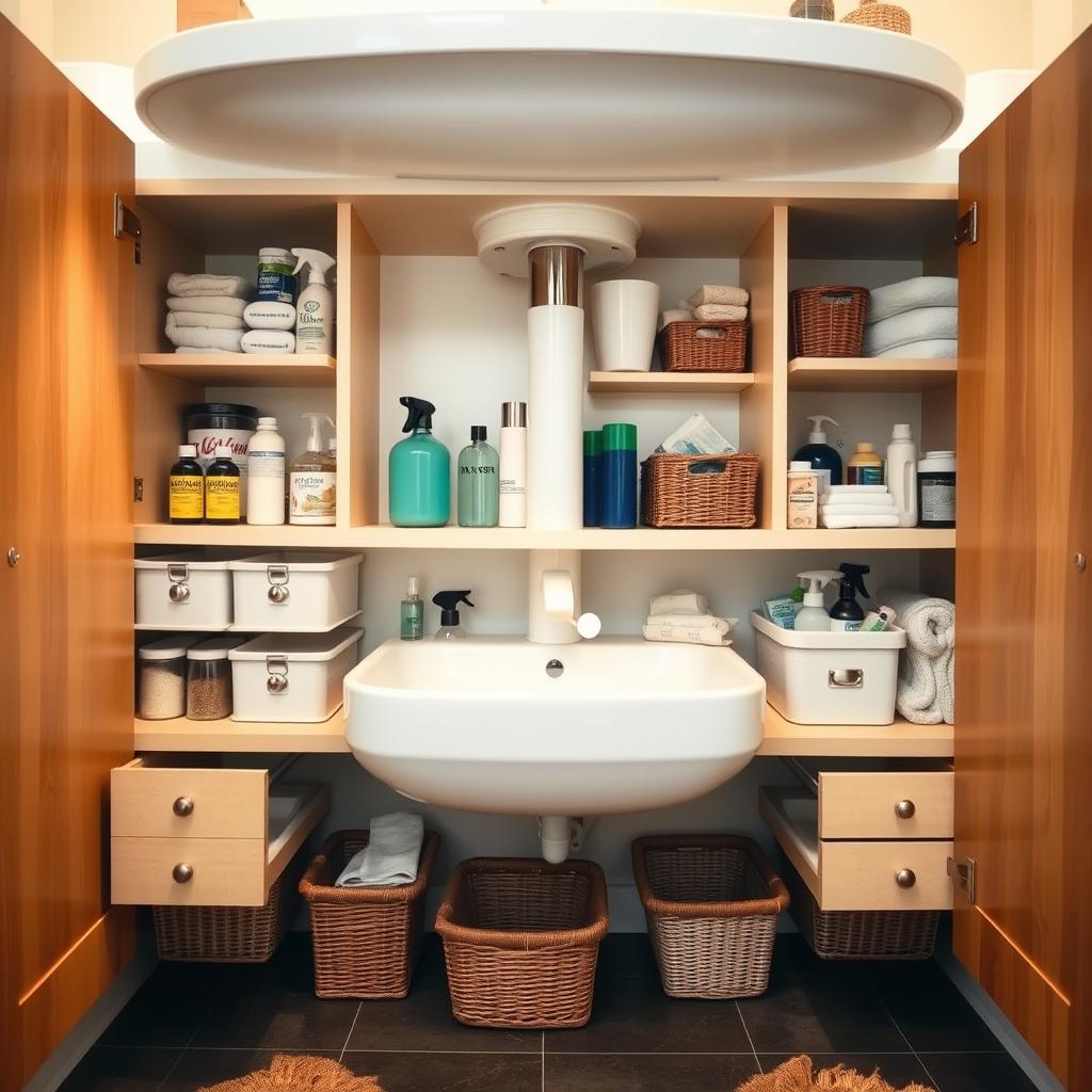 A well-organized and neatly arranged under-sink storage system, featuring a variety of strategically placed shelves, drawers, and baskets. The cabinet doors are open, revealing the organized chaos within, with cleaning supplies, toiletries, and other bathroom essentials carefully stored and accessible. The lighting is soft and warm, creating a cozy and inviting atmosphere. The image is shot from a slightly elevated angle, allowing the viewer to see the entire setup in a clear and detailed manner. The overall impression is one of efficiency, organization, and a smart use of otherwise wasted space. A well-organized and neatly arranged under-sink storage system, featuring a variety of strategically placed shelves, drawers, and baskets. The cabinet doors are open, revealing the organized chaos within, with cleaning supplies, toiletries, and other bathroom essentials carefully stored and accessible. The lighting is soft and warm, creating a cozy and inviting atmosphere. The image is shot from a slightly elevated angle, allowing the viewer to see the entire setup in a clear and detailed manner. The overall impression is one of efficiency, organization, and a smart use of otherwise wasted space.