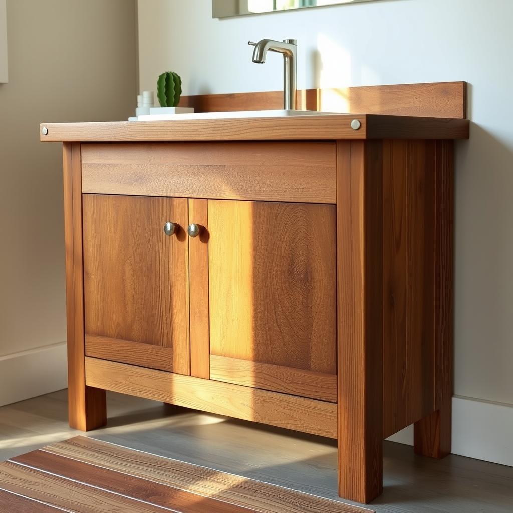 A beautifully crafted reclaimed wood vanity stands elegantly in a well-lit bathroom. The grainy, textured wood panels, meticulously sanded and stained, create a rustic yet refined aesthetic. Warm, natural lighting from a nearby window bathes the vanity in a soft, golden glow, highlighting the unique knots and imperfections that add character. The vanity's simple, minimalist design features clean lines and a smooth, distressed finish, seamlessly blending modern and vintage elements. Decorative metal hardware and a sleek, rectangular sink basin complete the look, resulting in a one-of-a-kind, upcycled piece that serves as the centerpiece of the space. A beautifully crafted reclaimed wood vanity stands elegantly in a well-lit bathroom. The grainy, textured wood panels, meticulously sanded and stained, create a rustic yet refined aesthetic. Warm, natural lighting from a nearby window bathes the vanity in a soft, golden glow, highlighting the unique knots and imperfections that add character. The vanity's simple, minimalist design features clean lines and a smooth, distressed finish, seamlessly blending modern and vintage elements. Decorative metal hardware and a sleek, rectangular sink basin complete the look, resulting in a one-of-a-kind, upcycled piece that serves as the centerpiece of the space.