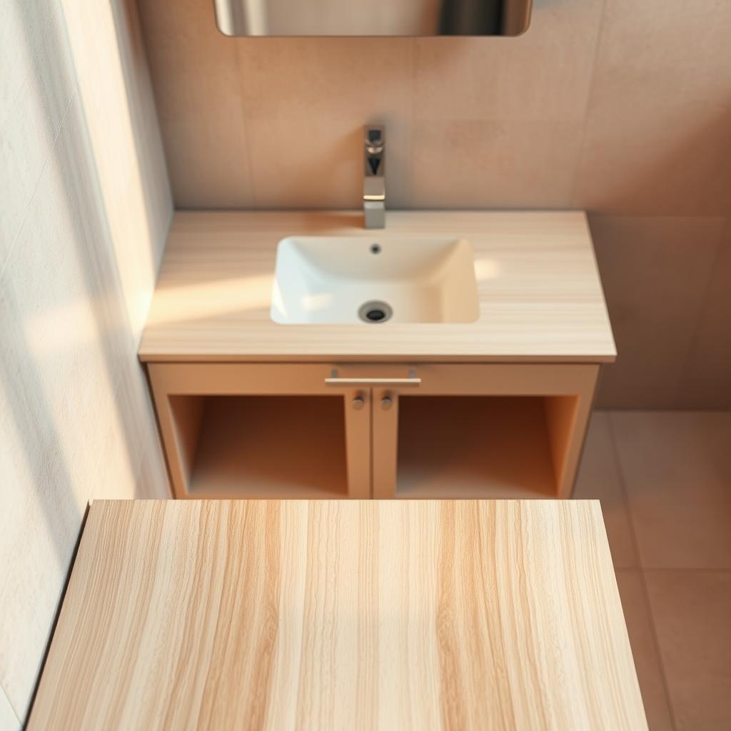 A beautifully lit, high-angle photograph showcasing a sleek and modern bathroom vanity made from a mix of materials. In the foreground, a rectangular vanity top crafted from light-toned wood or wood-like composite material, with a subtle grain texture. The middle ground features a recessed cabinet body constructed from moisture-resistant medium-density fiberboard (MDF), with clean lines and a matte finish. In the background, a tiled wall in a complementary neutral color palette creates a minimalist, spa-like atmosphere. Warm, directional lighting casts soft shadows, highlighting the tactile qualities of the various materials. The overall composition emphasizes the durability, visual appeal, and practical utility of a well-designed, moisture-resistant bathroom vanity. A beautifully lit, high-angle photograph showcasing a sleek and modern bathroom vanity made from a mix of materials. In the foreground, a rectangular vanity top crafted from light-toned wood or wood-like composite material, with a subtle grain texture. The middle ground features a recessed cabinet body constructed from moisture-resistant medium-density fiberboard (MDF), with clean lines and a matte finish. In the background, a tiled wall in a complementary neutral color palette creates a minimalist, spa-like atmosphere. Warm, directional lighting casts soft shadows, highlighting the tactile qualities of the various materials. The overall composition emphasizes the durability, visual appeal, and practical utility of a well-designed, moisture-resistant bathroom vanity.